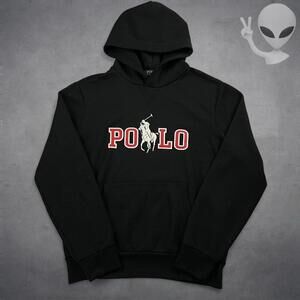 Polo Ralph Lauren Hoodie Small Black Spellout Logo Pullover vintage y2k big pony